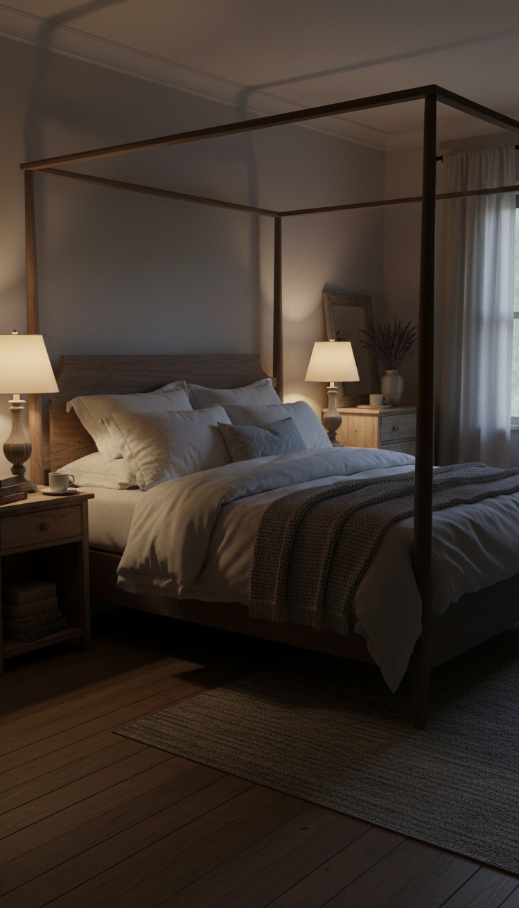 farmhouse bedroom ideas - Farmhouse Bedroom: Glowing Night Design - The soft glow from bedside lamps casts long...