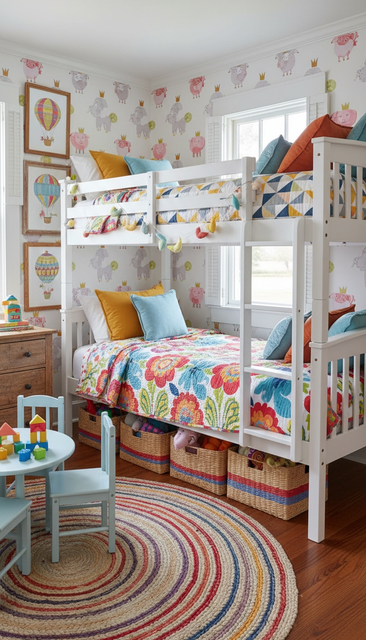 farmhouse bedroom ideas - Farmhouse Bedrooms: Playful Pattern Power - These painted bunk beds steal the show in...