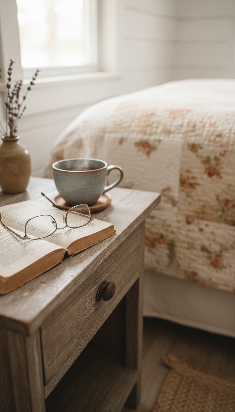farmhouse bedroom ideas - Farmhouse Bedroom: Cozy Nightstand Details - The bedside vignette centers around a weathered wood...
