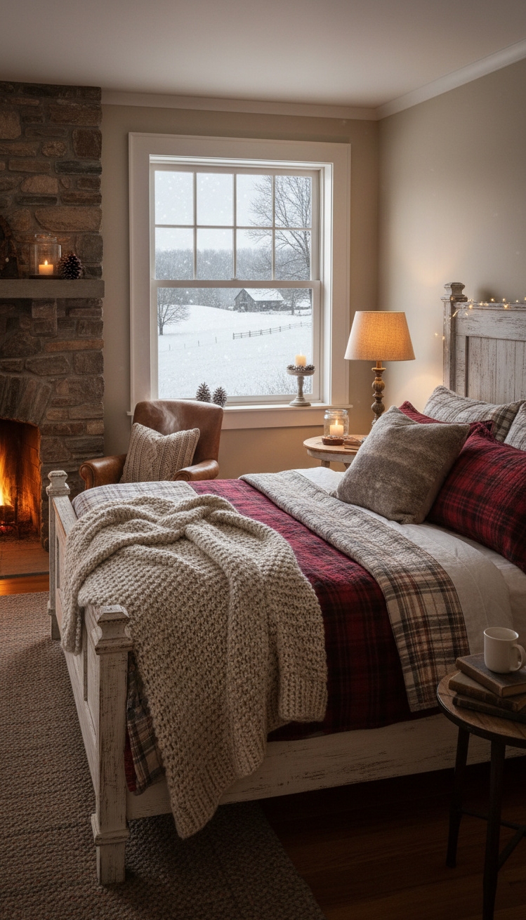 farmhouse bedroom ideas - Cozy Farmhouse Bedroom Design Ideas - The focal point is the chunky knit blanket,...