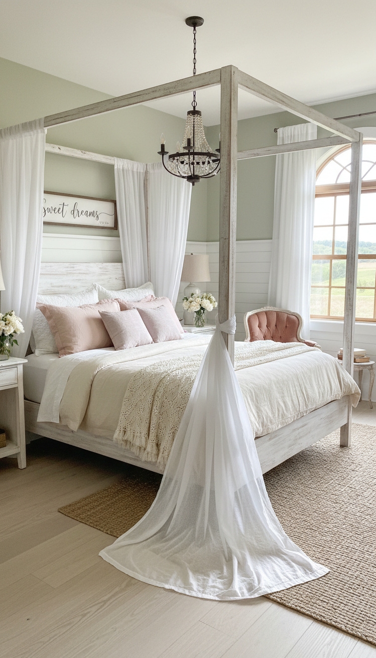 farmhouse bedroom ideas - Canopy Beds: Farmhouse Bedroom Elegance - The canopy bed immediately draws your eye, its...