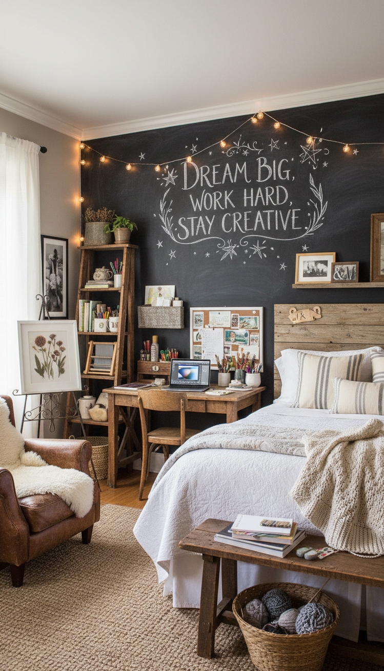 farmhouse bedroom ideas - Farmhouse Bedrooms: Chalkboard Wall Ideas - The chalkboard wall anchors this farmhouse bedroom, its...