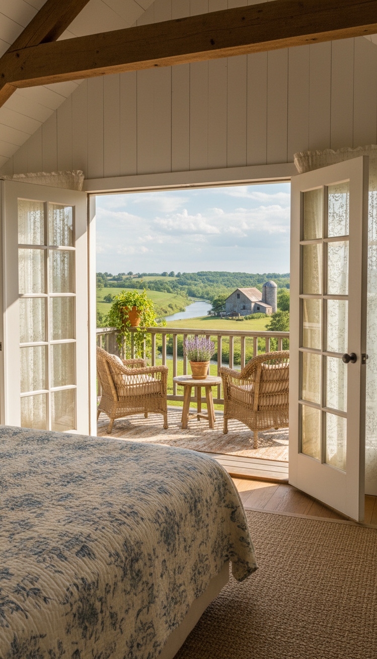 farmhouse bedroom ideas - Farmhouse Bedroom: Balcony View Design - These wide-plank wood floors set a warm foundation,...