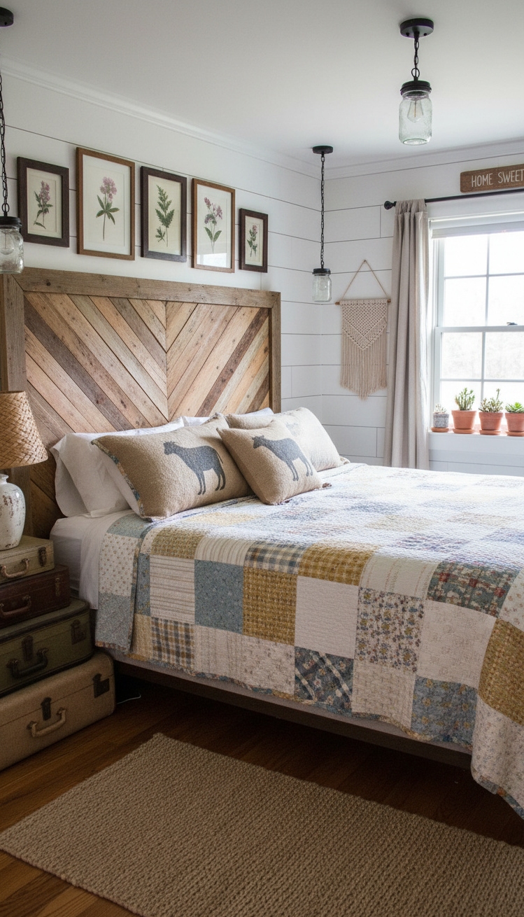 farmhouse bedroom ideas - Farmhouse Bedrooms: Design with Heart - The handmade headboard, crafted from reclaimed wood, anchors...