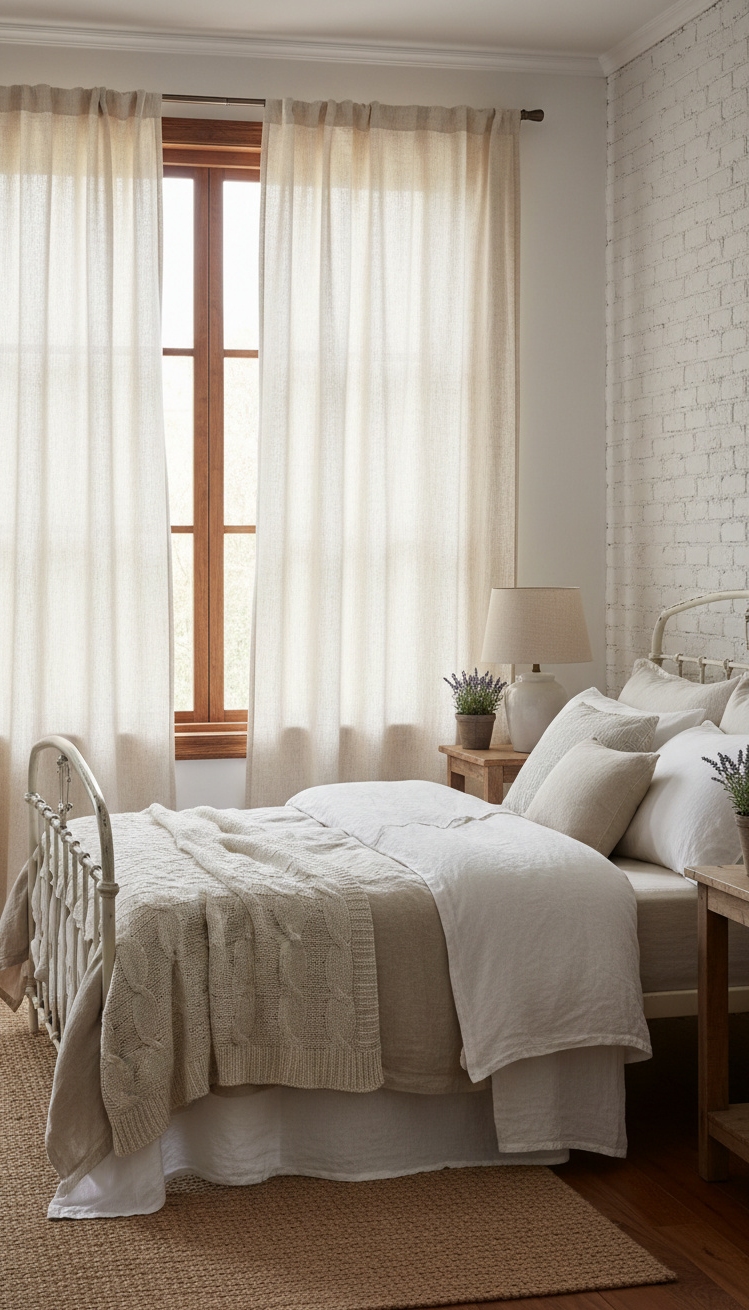 farmhouse bedroom ideas - Farmhouse Bedrooms: Soft Light and Linen - These linen drapes, softly filtering the sunlight, create...
