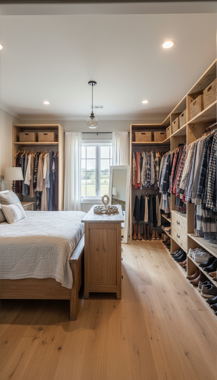 farmhouse bedroom ideas - Farmhouse Bedroom Closet Design Ideas - The walk-in closet, bathed in soft light, invites...