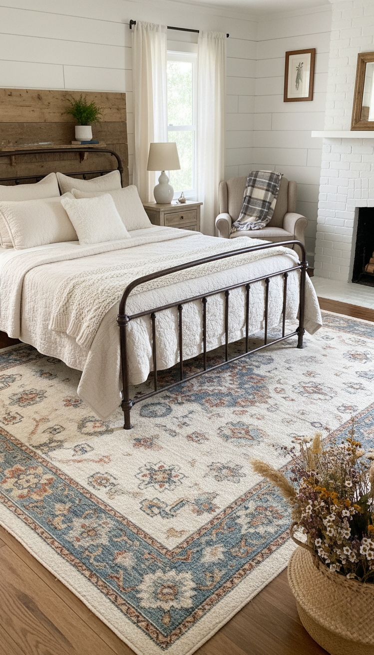 farmhouse bedroom ideas - Farmhouse Bedrooms: Rugs Ground the Look - The patterned rug in this farmhouse bedroom draws...