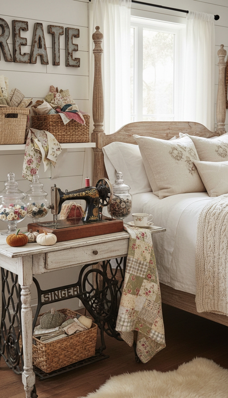 farmhouse bedroom ideas - Farmhouse Bedrooms: Creative Corner Details - The antique sewing machine instantly grabs your attention,...