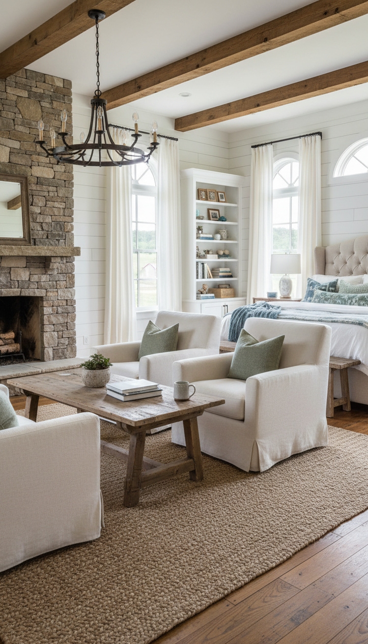 farmhouse bedroom ideas - Farmhouse Bedroom: Relaxed Sitting Areas - The soft, diffused light spills across the farmhouse...