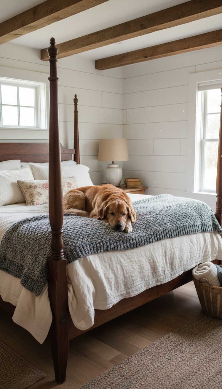 farmhouse bedroom ideas - Cozy Farmhouse Bedrooms: Pet-Friendly Design - The soft, creamy white walls create a restful...