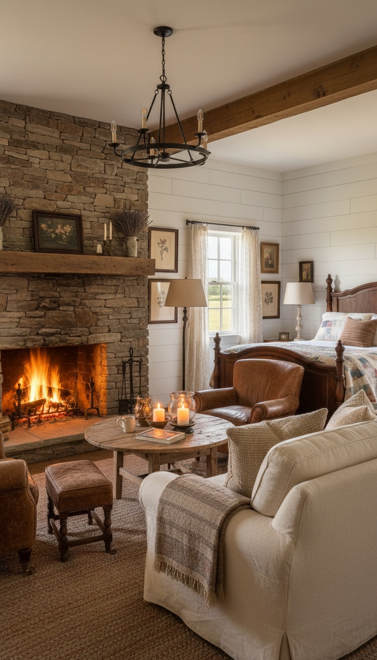 farmhouse bedroom ideas - Farmhouse Bedrooms: Rustic Fireplace Focus - The stone fireplace commands attention, its rugged texture...