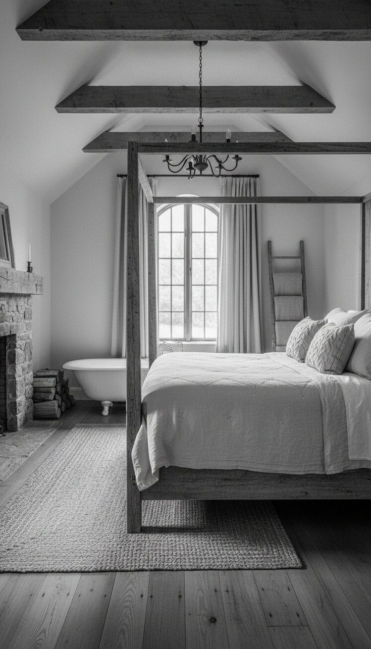 farmhouse bedroom ideas - Farmhouse Bedroom: Texture and Time - The exposed wooden beams immediately draw your eye...