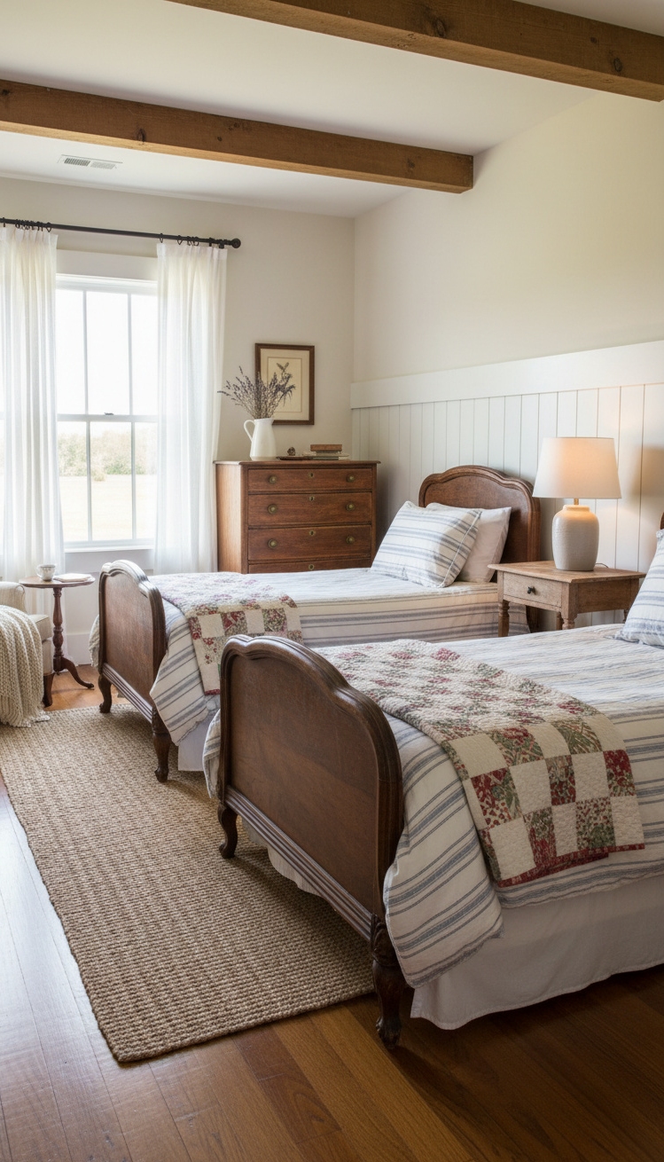 farmhouse bedroom ideas - Farmhouse Bedroom: Simple, Striped, Serene - The twin beds command attention with their inviting...
