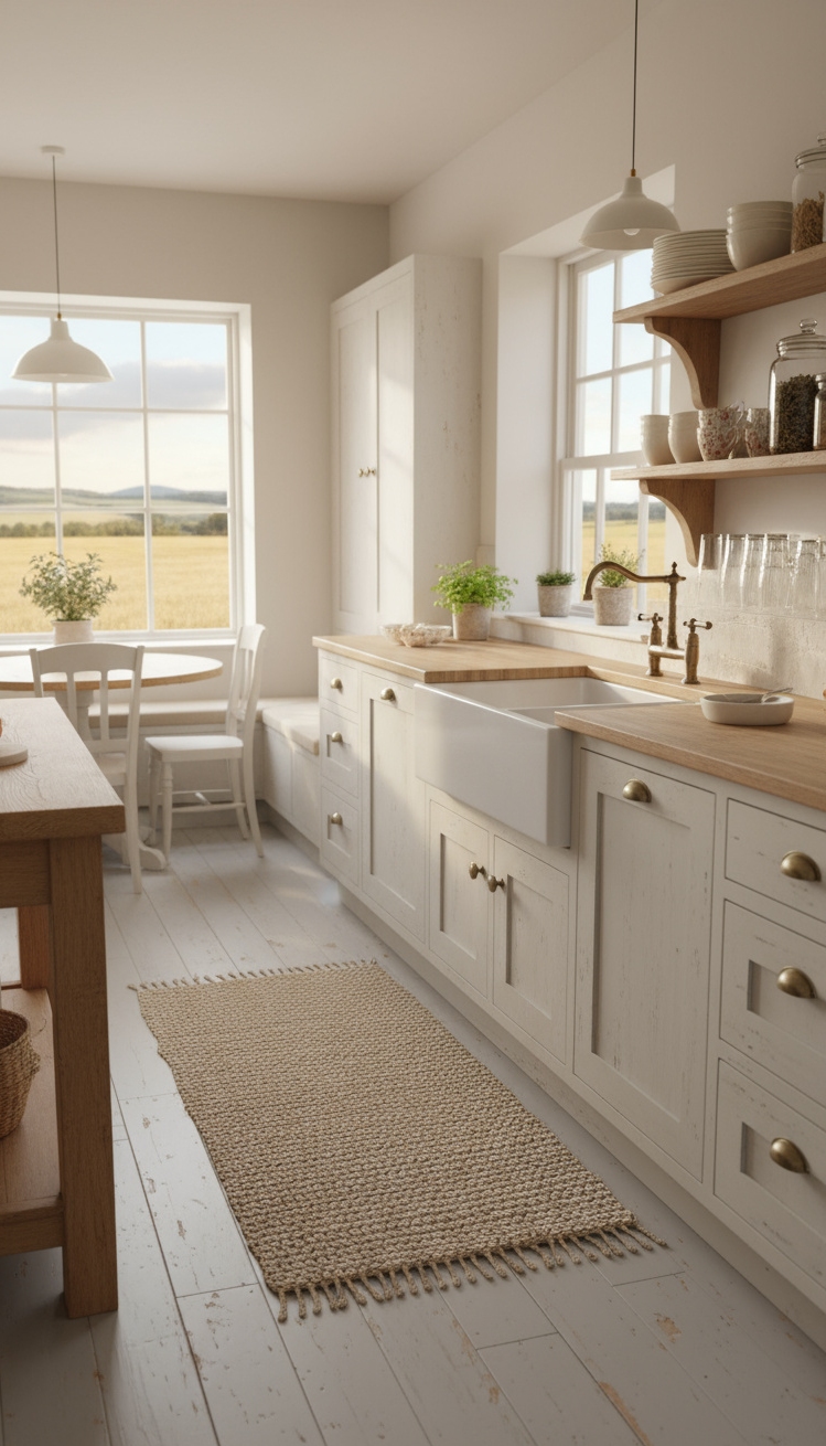 Light Grey Floors Kitchen - Light Grey Floors: Farmhouse Kitchen Charm - These light grey painted wood floors whisper stories...