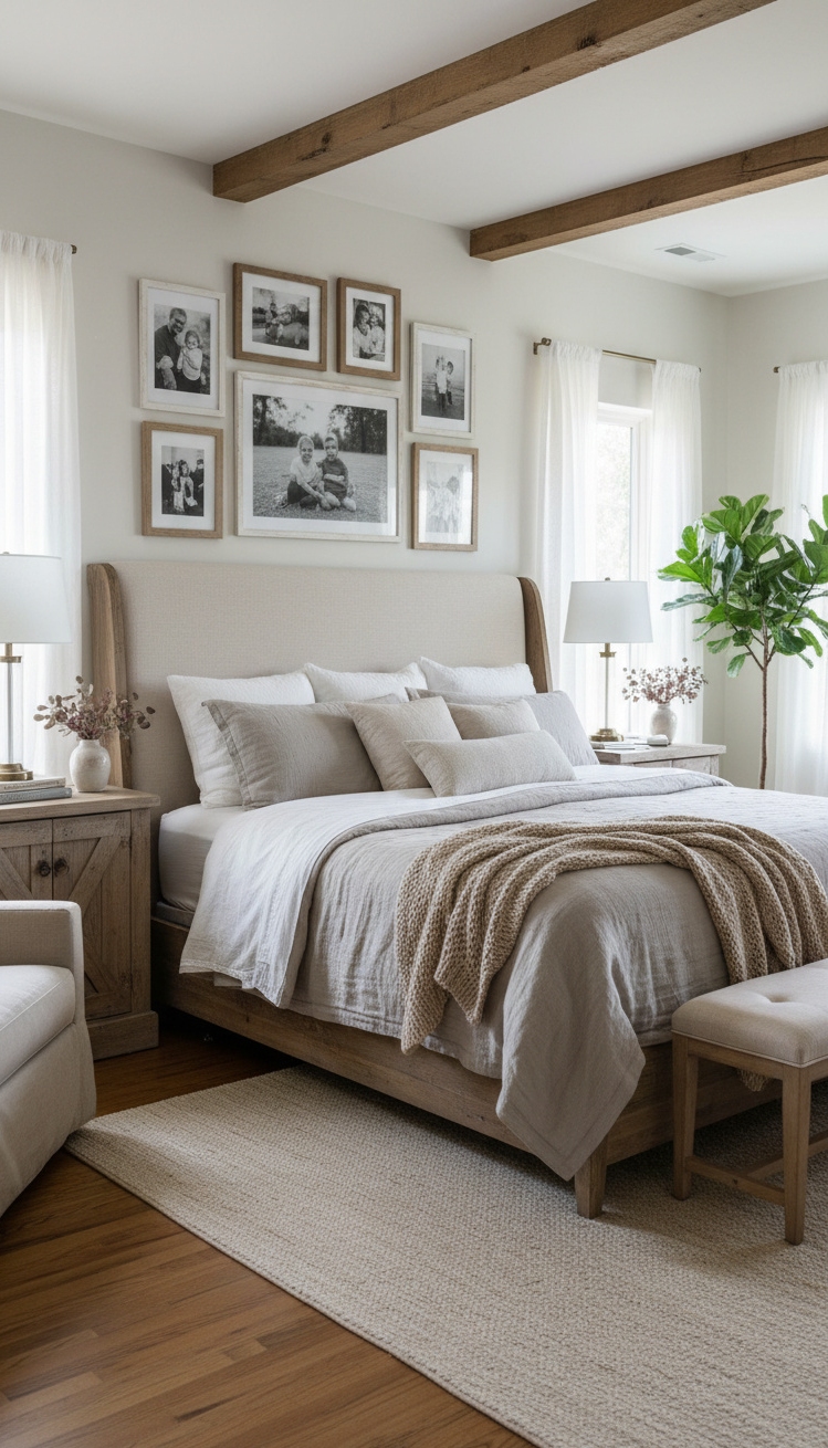 farmhouse bedroom ideas - Farmhouse Bedroom: Neutral Tones & Light - The king-size bed commands attention, dressed in rumpled...