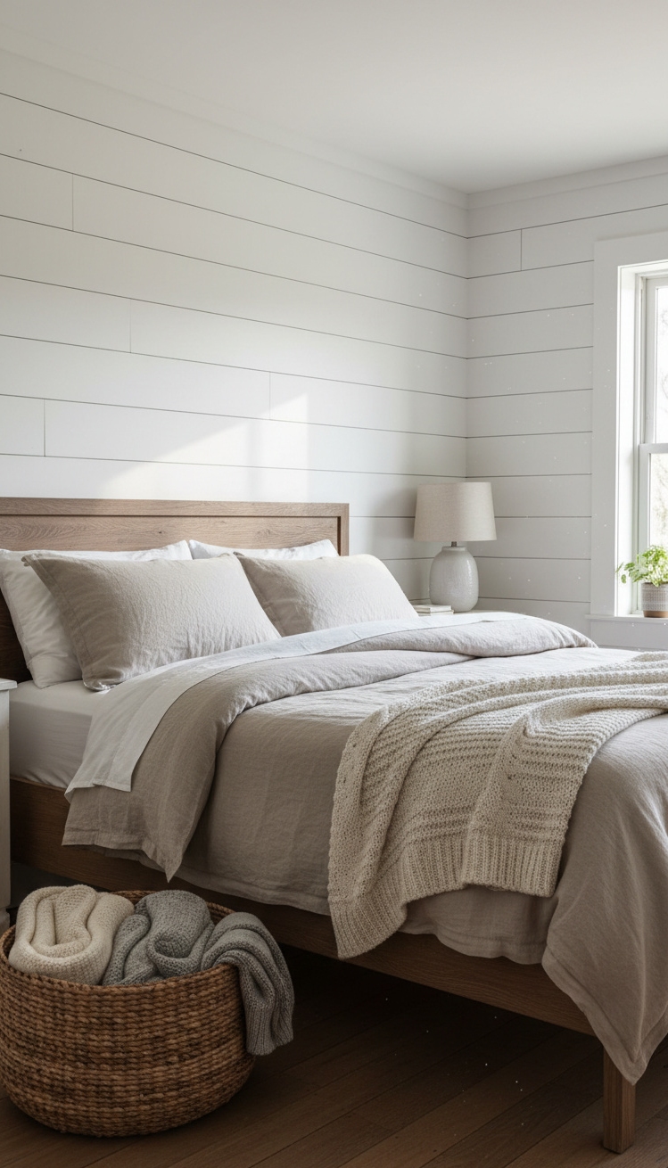 country-style bedroom - Shiplap and Linen: Country Bedroom Design - The king-size bed, dressed in soft linen, immediately...