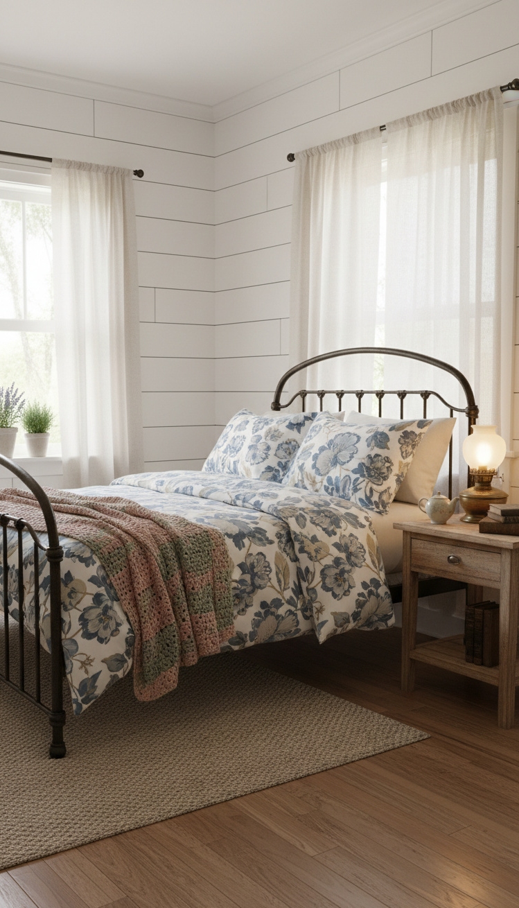 farmhouse bedroom ideas - Farmhouse Bedroom: Iron Beds & Shiplap - The iron bed frame commands attention, softened by...