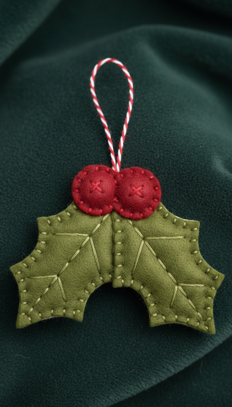 felt christmas ornaments - Felt Ornament Designs: Stitch Detail - These felt holly leaves practically glow with handmade...
