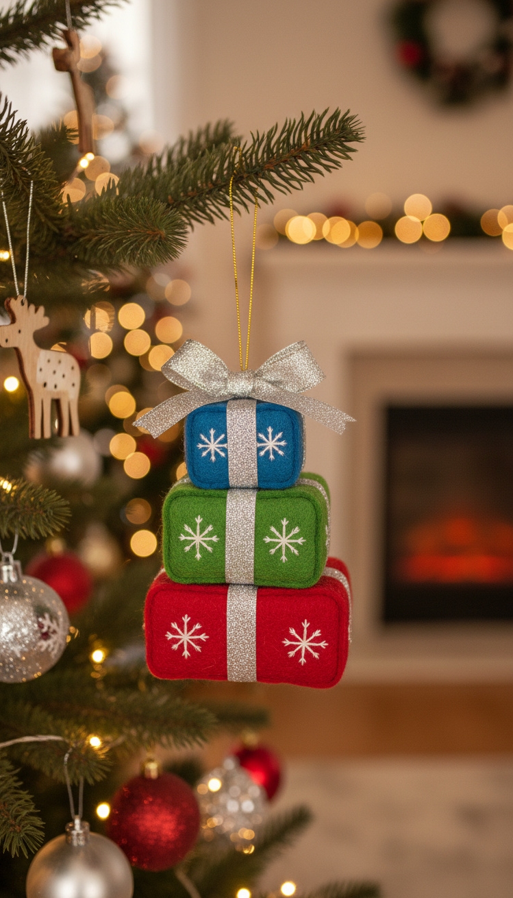 felt christmas ornaments - Felt Ornament Designs: Stacked Presents - These felt presents bring a handmade touch to...