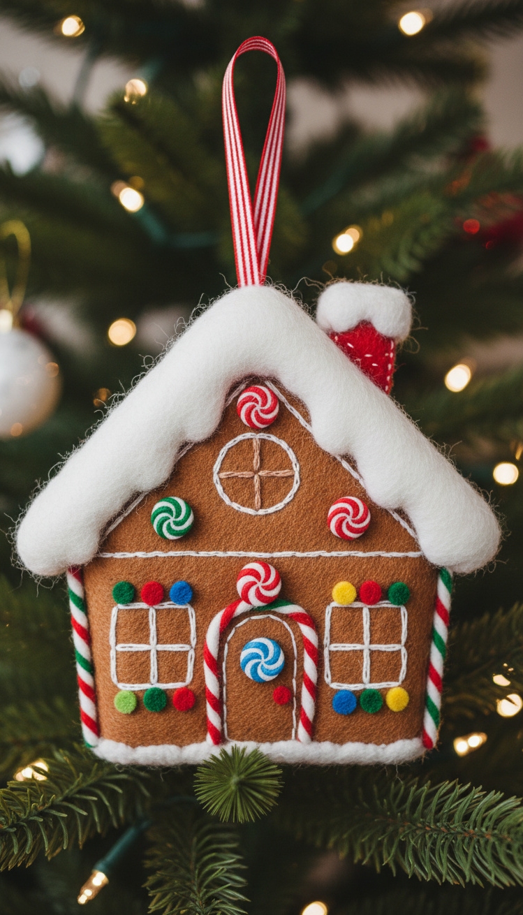 felt christmas ornaments - Felt Christmas Ornaments: Sweet Design - The gingerbread house ornament looks so cozy. I...