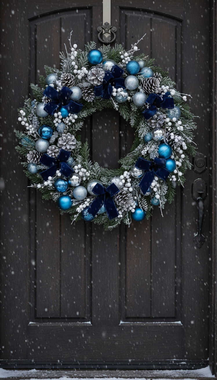 blue christmas decorations ideas - Blue Christmas: Cool Color Decor - The Christmas wreath, frosted in shades of blue...
