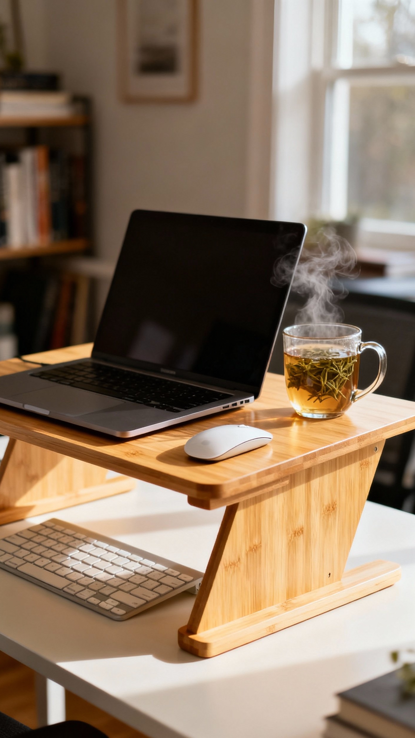 office design ideas - Bamboo Desk: Ergonomic Home Office Design - This light bamboo standing desk converter instantly elevates...