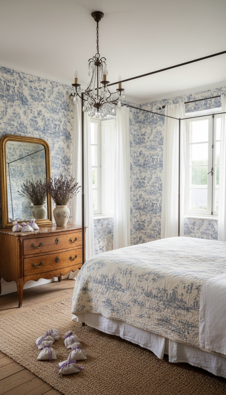 country-style bedroom - Toile and Lavender Country Bedrooms - The toile wallpaper sets a romantic tone, its...