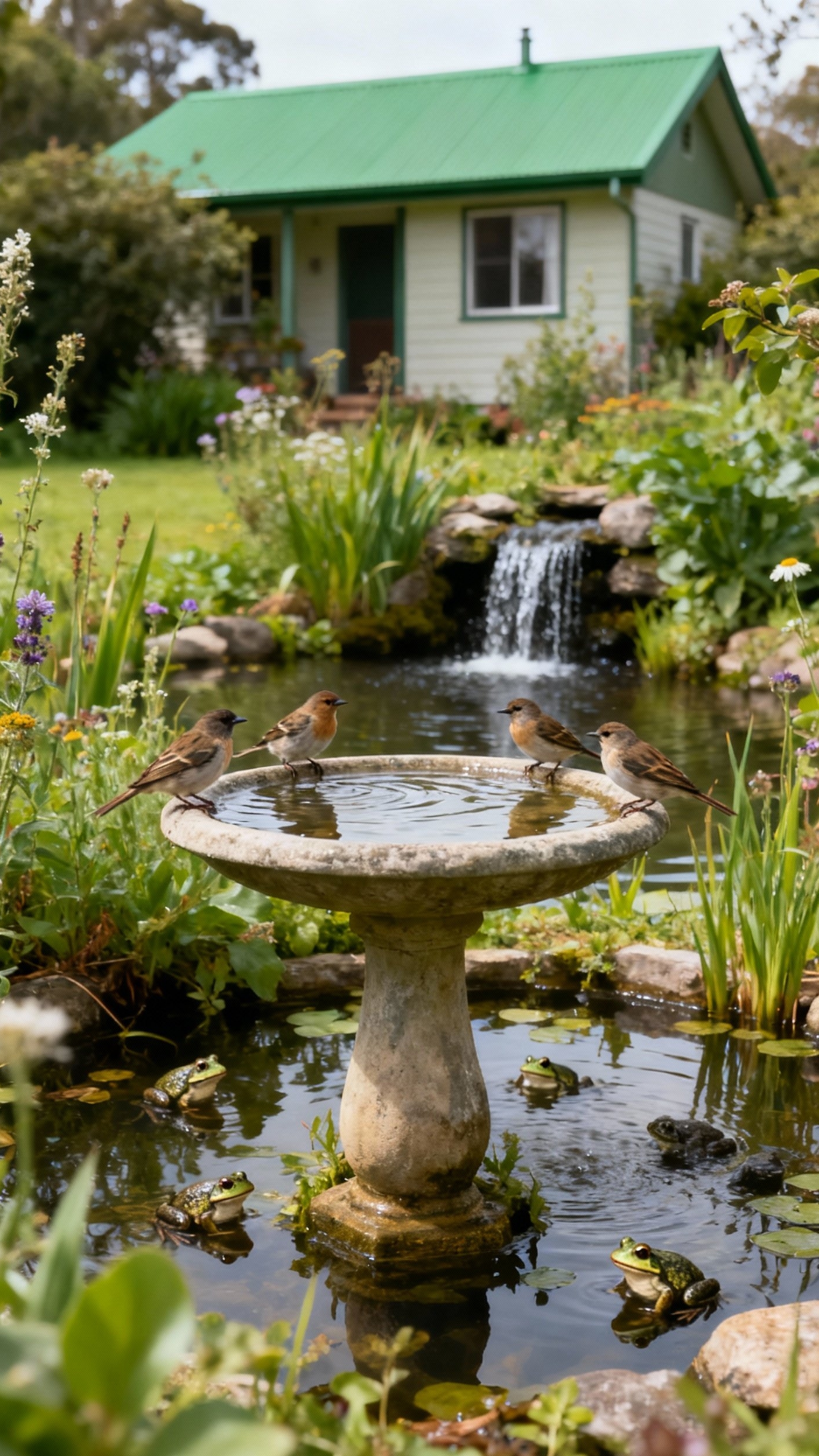 front yard landscape - Untamed Beauty: Wildlife-Friendly Front Yard - The bird bath, brimming with cool water, immediately...