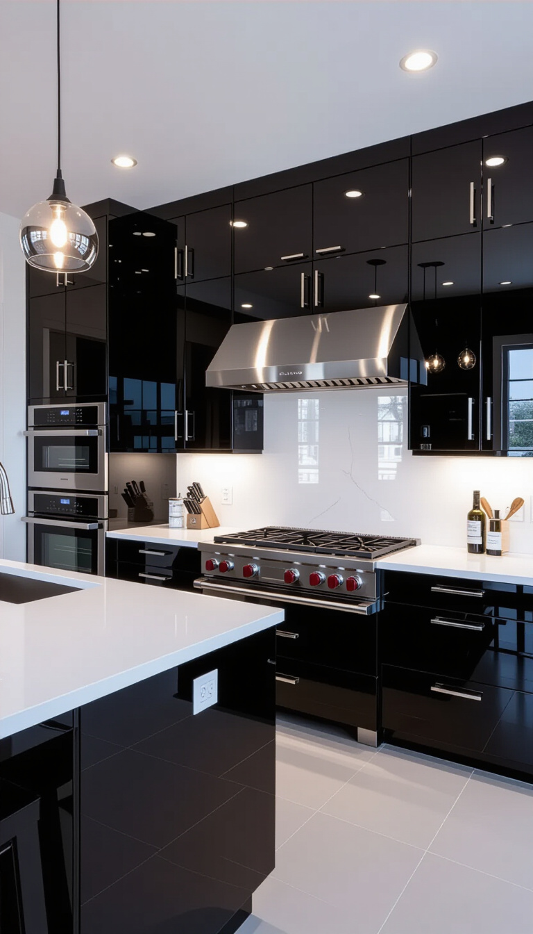 kitchen cabinet colors - High-Gloss Black Cabinets: Modern Kitchen Drama - These 