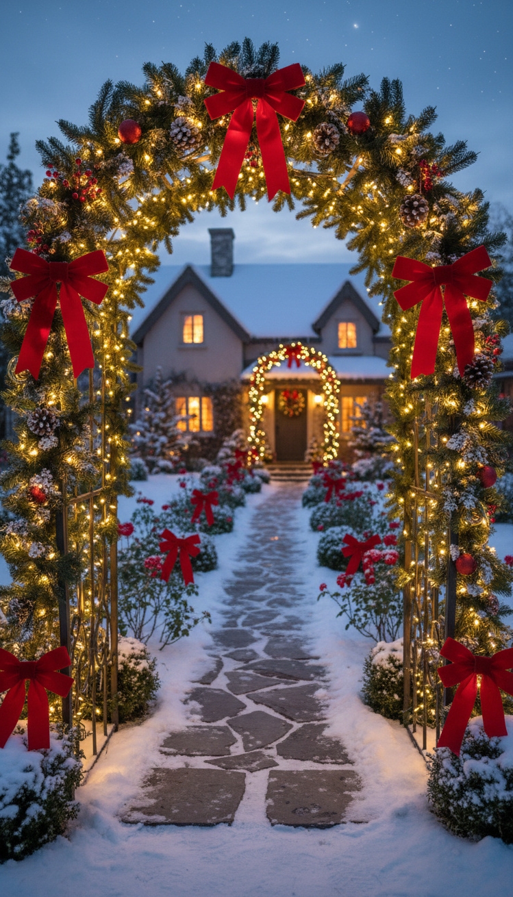 christmas garden decorations - Festive Garden Arch Design Ideas - This garden archway glows with holiday cheer, beckoning...
