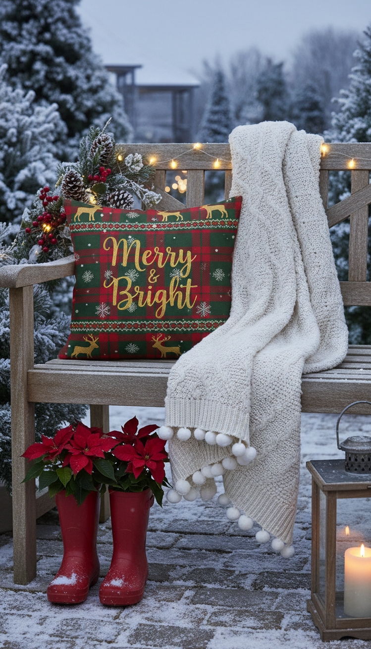 christmas garden decorations - Festive Touches for Christmas Gardens - This Christmas garden bench practically invites you to...