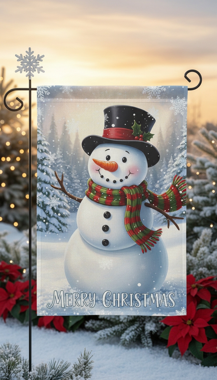 christmas garden decorations - Festive Garden Flags: Christmas Design Ideas - The garden flag shows a cheerful snowman, complete...