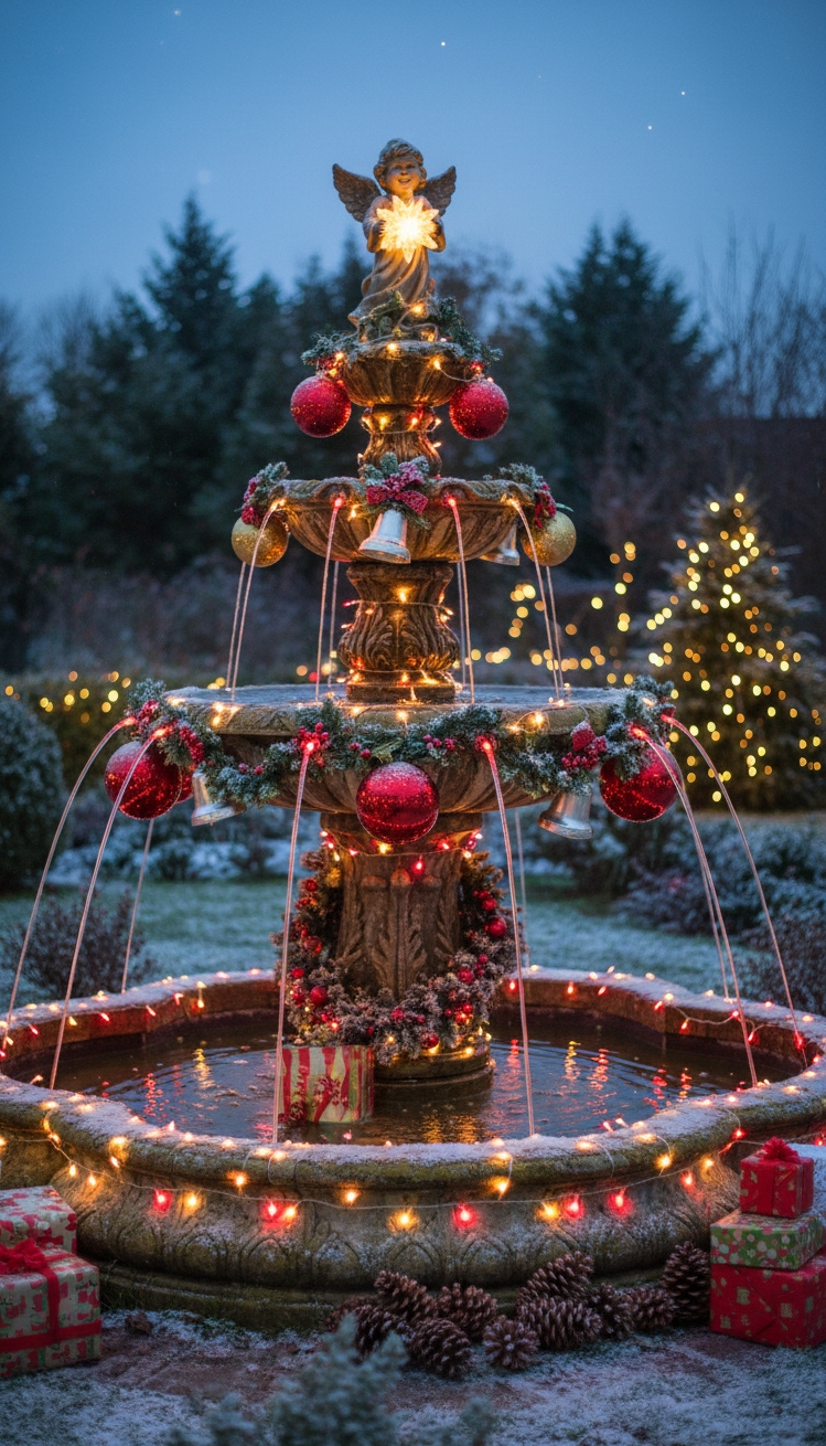 christmas garden decorations - Festive Garden Design: Christmas Fountain Flair - The garden fountain transforms into a festive centerpiece,...