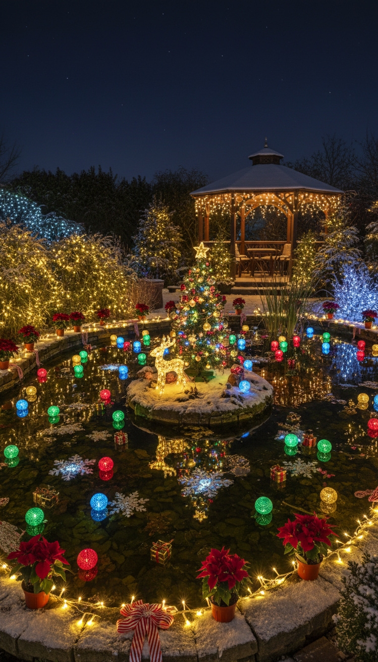 christmas garden decorations - Christmas Garden Pond Design Ideas - This garden pond glows with holiday cheer, reflecting...
