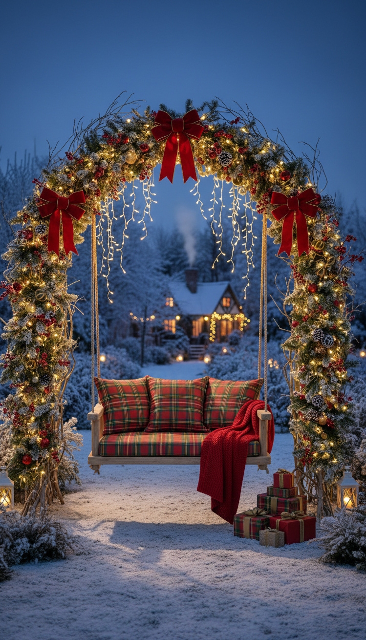 christmas garden decorations - Festive Garden Swing Christmas Decor - This garden swing transforms into a festive focal...