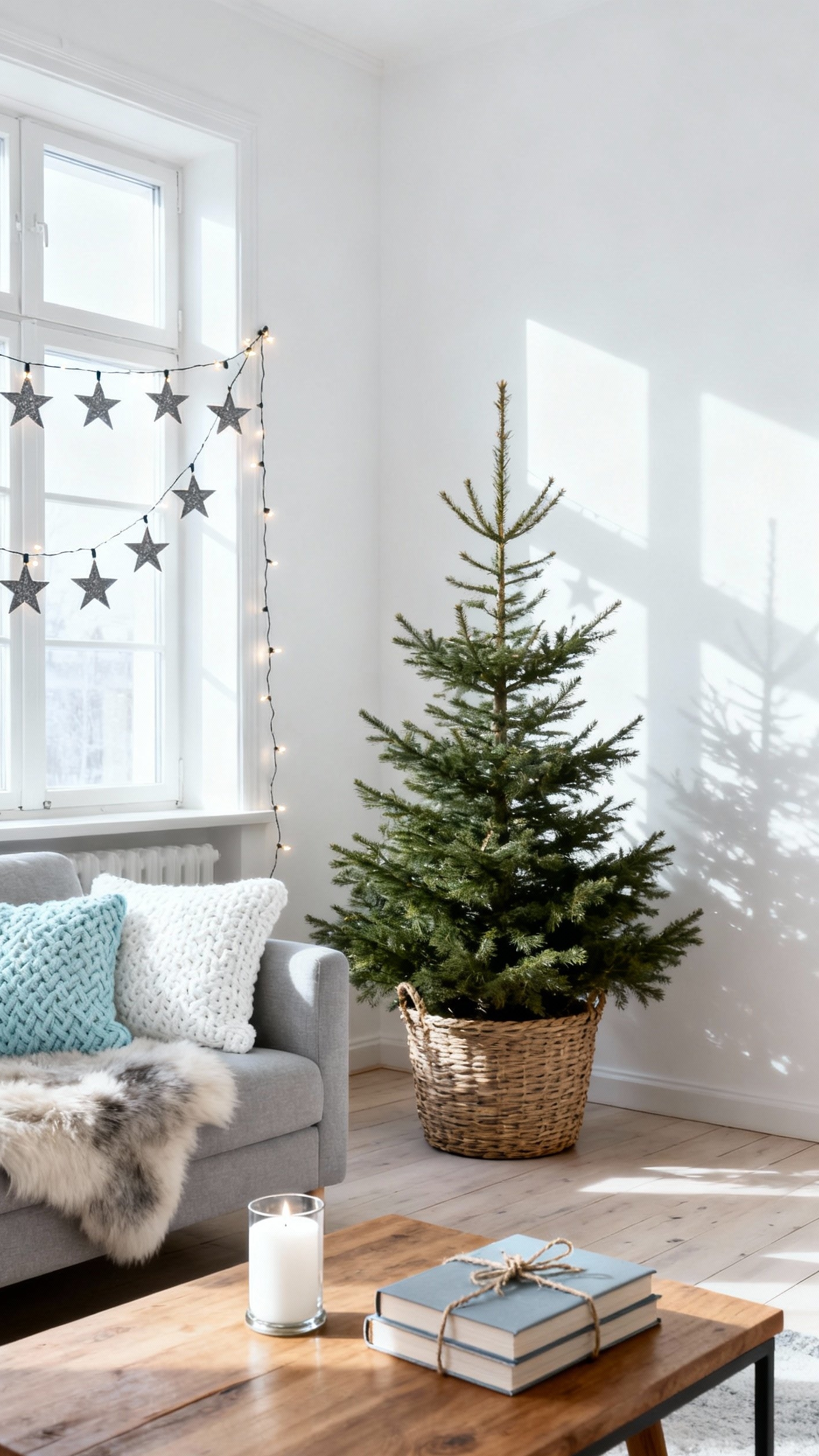 christmas decorations living room - Cozy Christmas Living Room Design - christmas decorations living room - The minimalist Christmas tree, nestled in a woven...