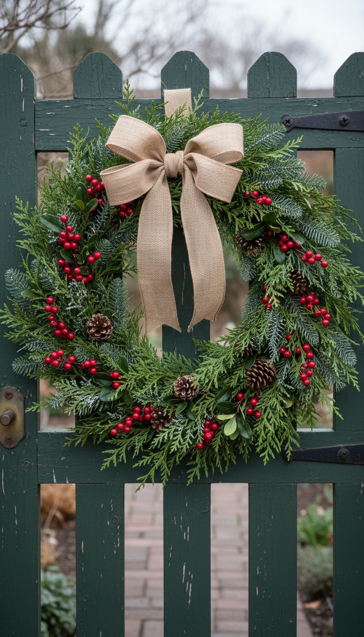 christmas garden decorations - Festive Garden Gate Christmas Touches - The Christmas wreath greets visitors with a burst...