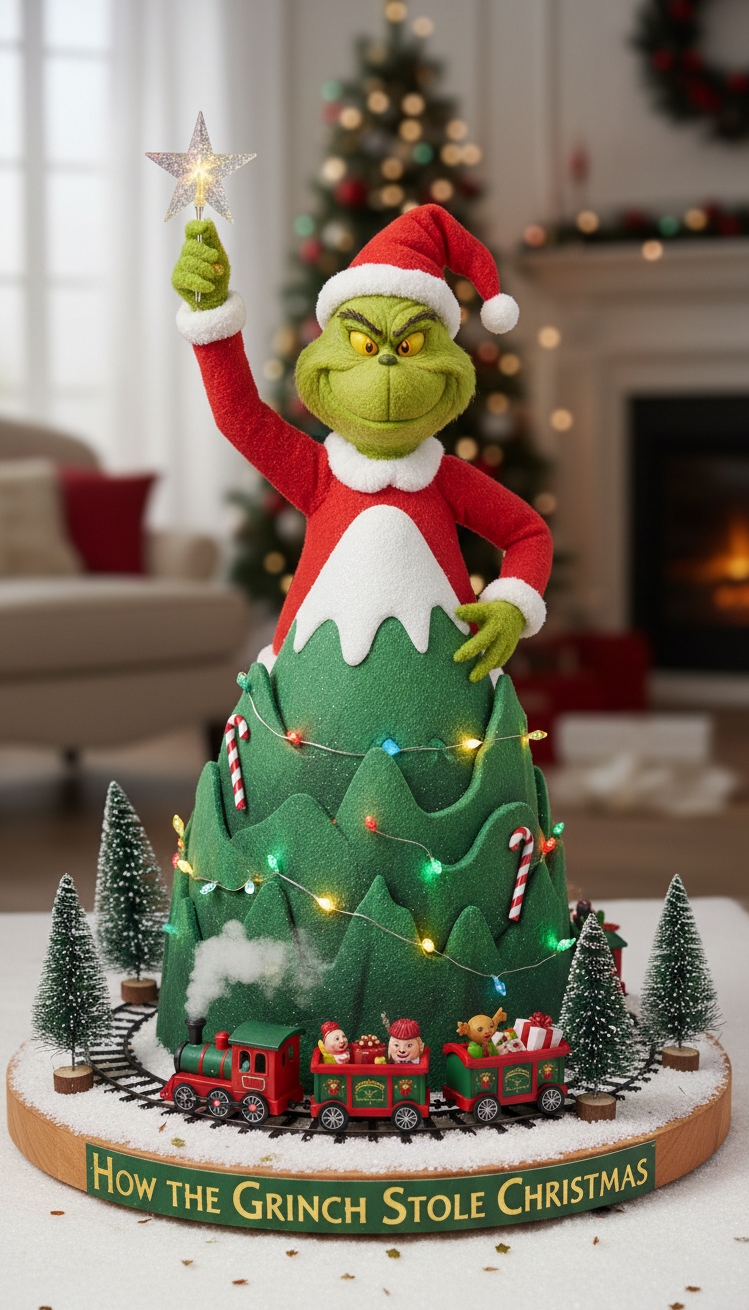 Grinch Centerpiece Ideas - Grinch Centerpiece: Train Around a Mountain - The centerpiece stars a miniature Christmas train chugging...