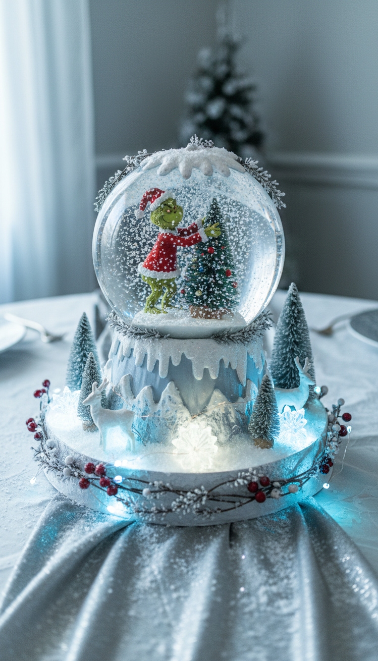 Grinch Centerpiece Ideas - Grinch Centerpieces: Wintery Globe Designs - The snow globe steals the show, doesn't it....