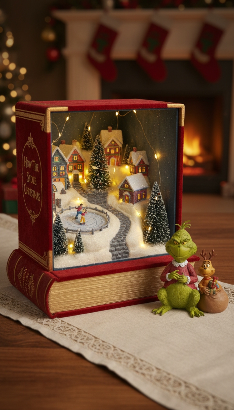 Grinch Centerpiece Ideas - Grinch Centerpiece: Storybook Scene Design - The book centerpiece invites you into a tiny...