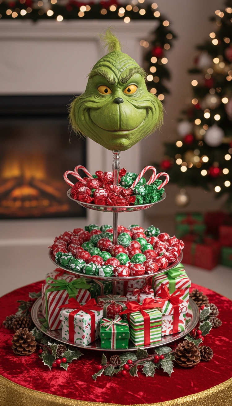 Grinch Centerpiece Ideas - Grinch Centerpiece: Tiered Tray Design - This Grinch centerpiece uses a tiered serving tray...