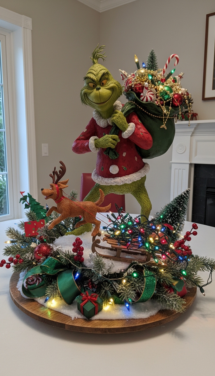 Grinch Centerpiece Ideas - Grinch Centerpiece: Playful Stolen Christmas Design - The Grinch centerpiece bursts with mischievous charm, featuring...