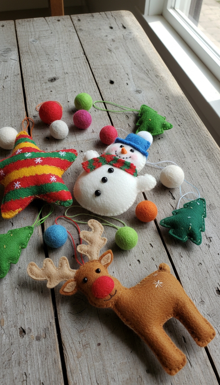 felt christmas ornaments - Felt Ornaments: Rustic Charm, Bright Design - These felt ornaments practically glow against the weathered...