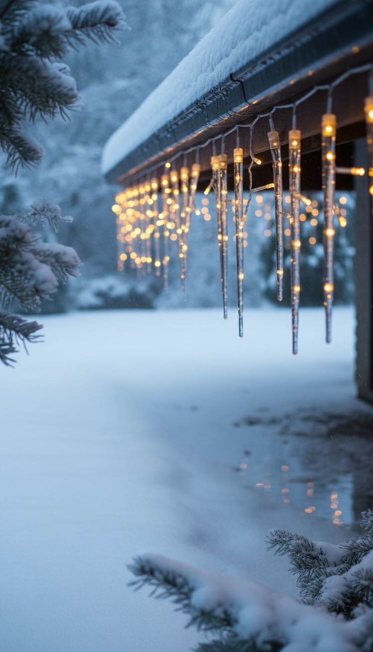 christmas garden decorations - Icicle Lights: Winter Garden Design - Glistening icicle lights drip from the roofline, their...