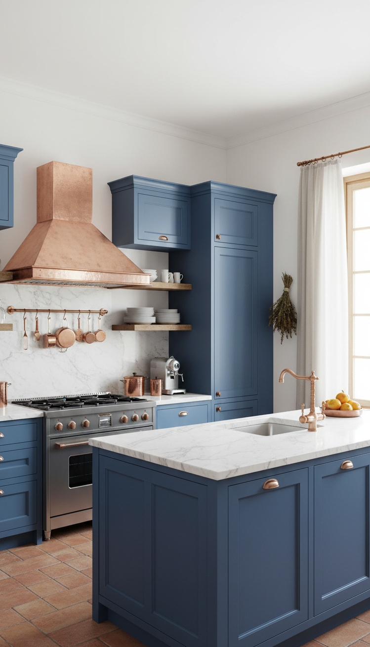 Modern Italian Kitchen Ideas - Blue, White, Copper Italian Kitchens - The blue cabinets immediately catch your eye, their...
