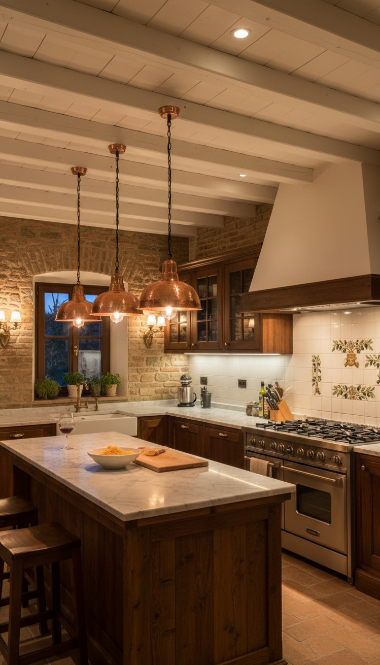 Modern Italian Kitchen Ideas - Modern Italian Kitchen Lighting Ideas - The kitchen glows with a warm, inviting light,...
