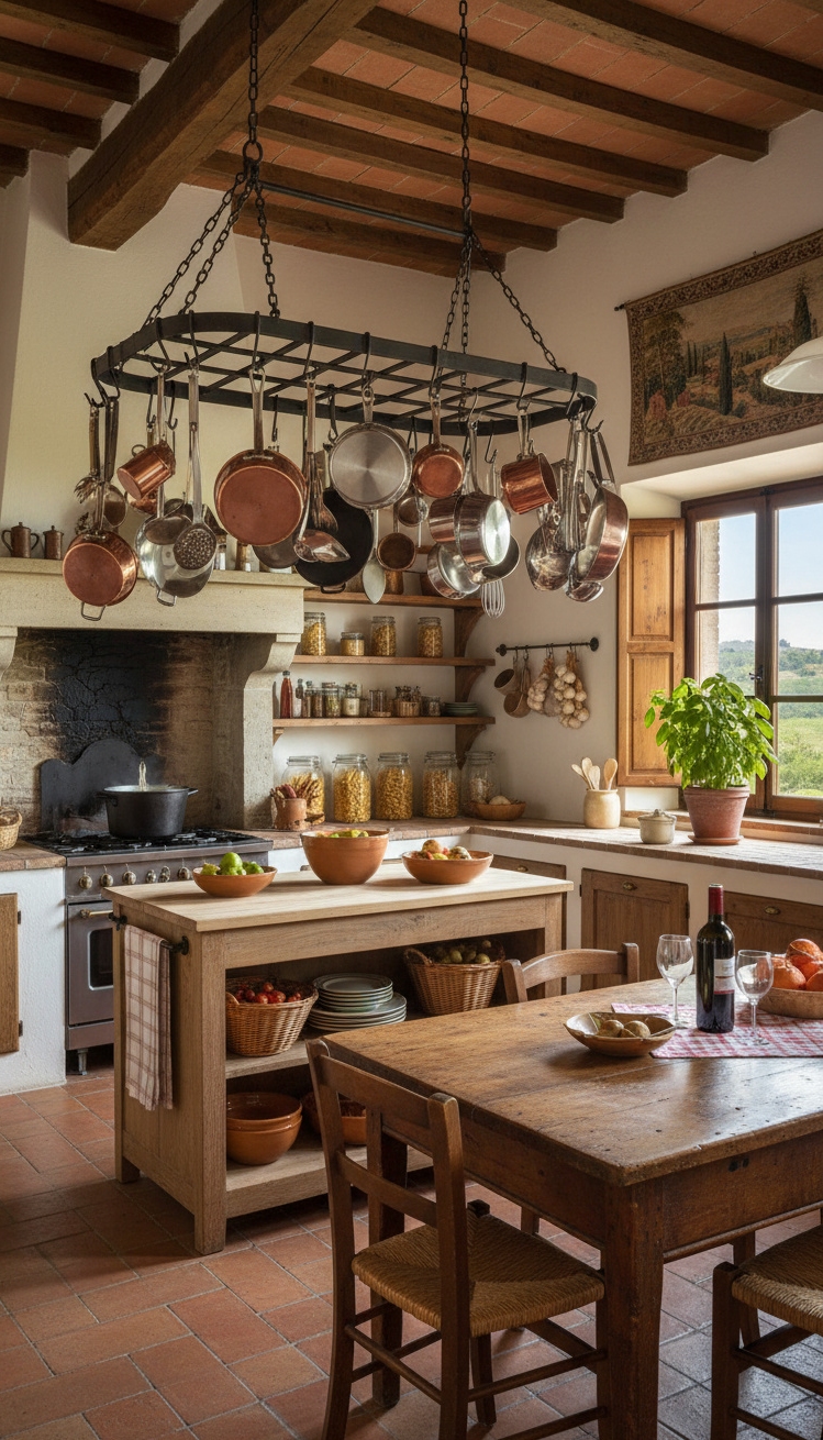 Modern Italian Kitchen Ideas - Italian Kitchens: Rustic Charm & Storage - The copper pot rack steals the show, reflecting...