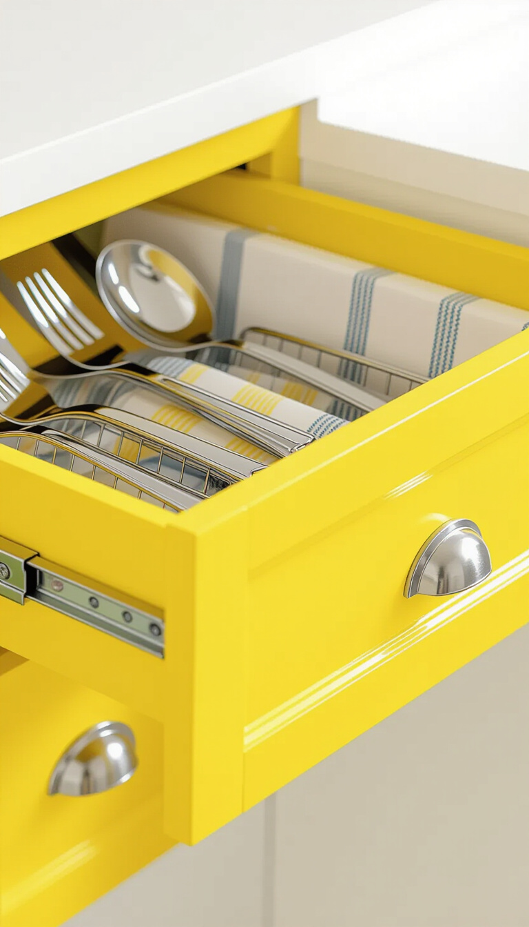 kitchen cabinet colors - Lemon Yellow: Kitchen Cabinet Color Pop - This lemon yellow kitchen drawer practically sings with...