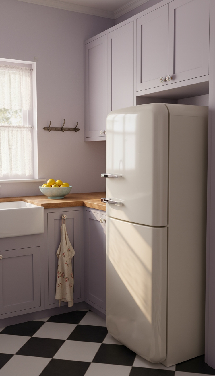 serene interior colors - Serene Lilac Hues for Cozy Kitchens - This retro refrigerator, bathed in the soft glow...