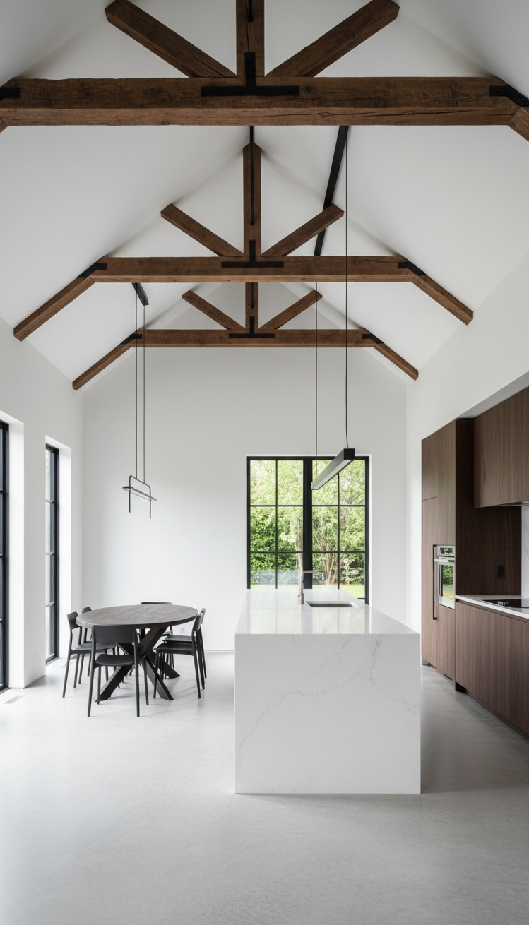 exposed beams kitchen - Exposed Beams: Kitchen Drama in Design - These dark beams command attention. They stretch across...